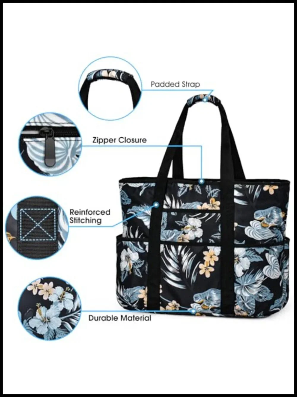 Large Waterproof Beach Tote Bag with Zipper Pockets Sandproof Travel Tote